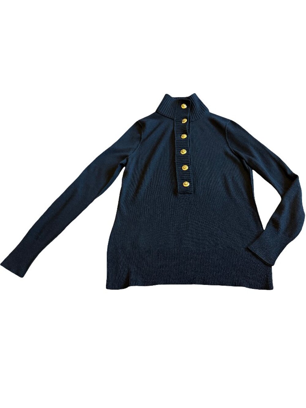 Tory Burch Black Pullover Sweater Stretch Henley Gold Buttons Size Small Women